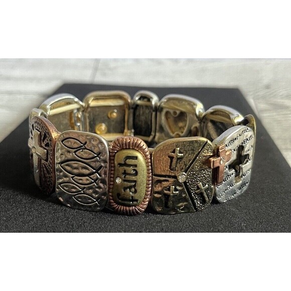 Mixed Metal Spiritual Faith Hope Love Hearts Christian Stretch Bracelet 8" - Picture 3 of 9